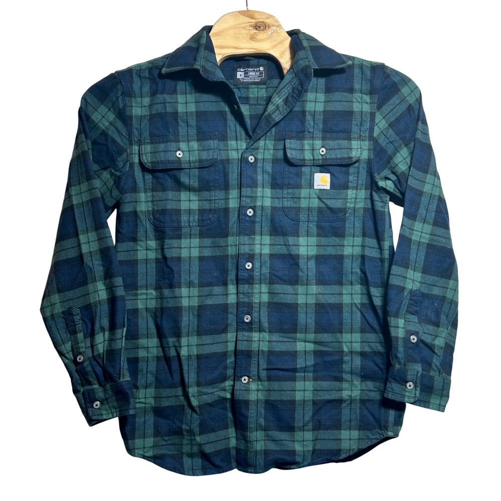 Carhartt‎ Mens Loose Fit Flannel Plaid Shirt Green Navy Blue Size Small